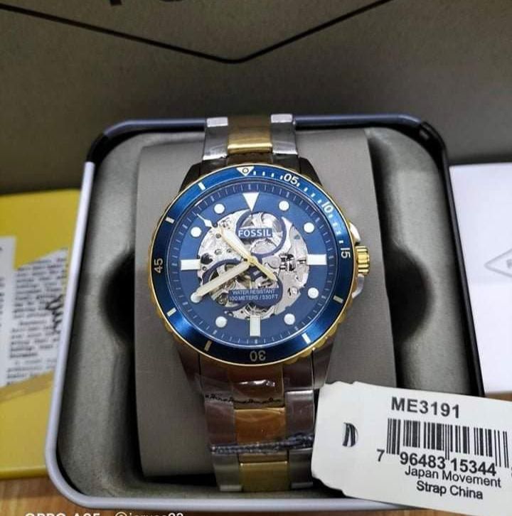 Fossil FB-01 Automatic Skeleton Blue Dial Two Tone Steel Strap Watch for Men - ME3191 Buy Now By Fossil