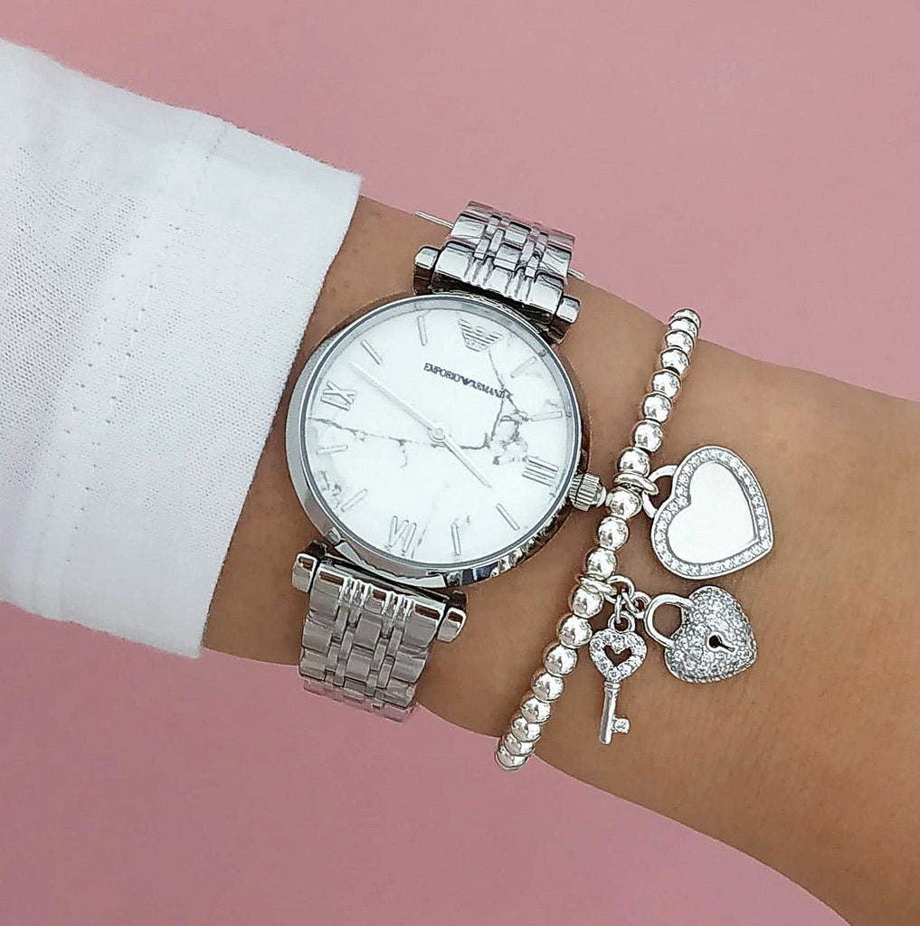 Emporio Armani Gianni T Bar White Marble Dial Silver Steel Strap Watch For Women - AR11170 Buy Now By Emporio Armani