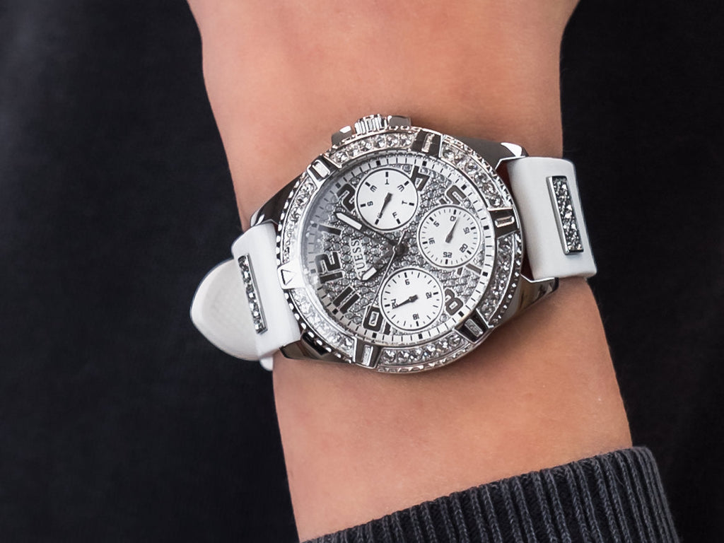 Guess Frontier Diamonds Silver Dial White Rubber Strap Watch For Women - W1160L4 Buy Now By Guess
