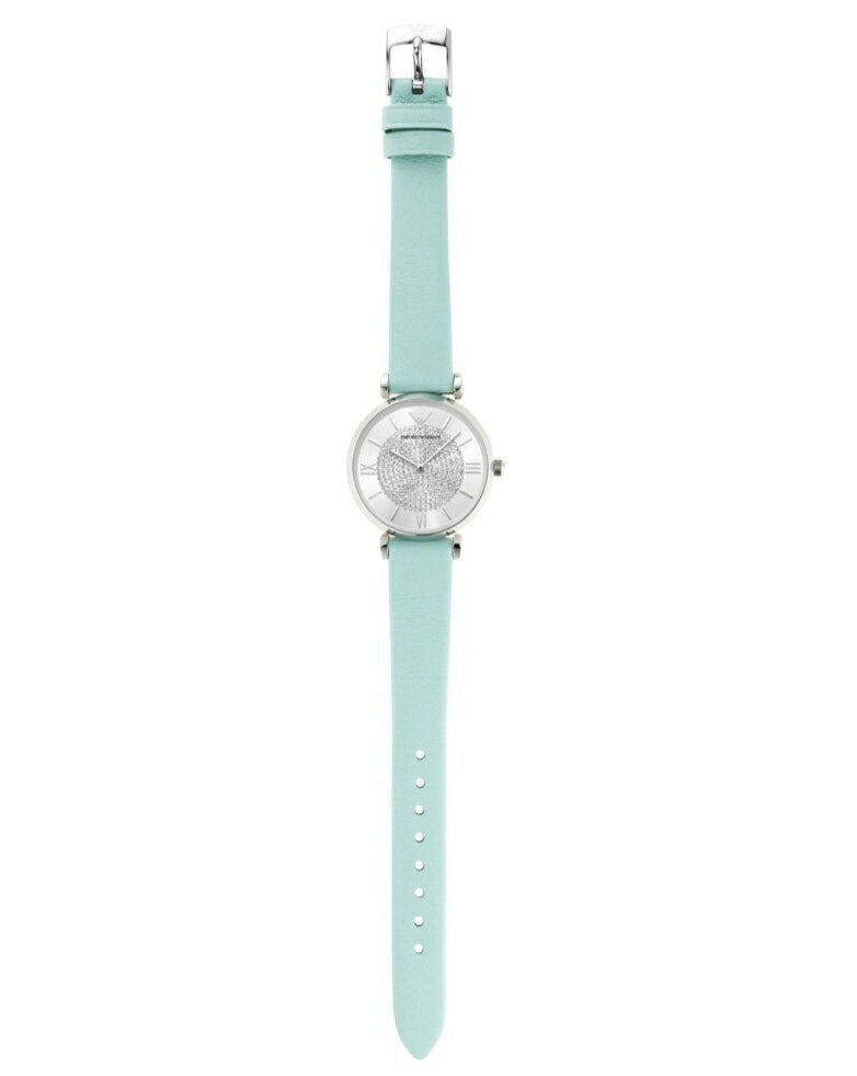 Emporio Armani Gianni T Bar Analog Crystals Silver Dial Blue Leather Strap Watch For Women - AR11443 Buy Now By Emporio Armani