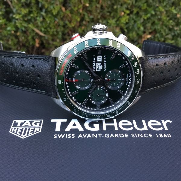 Tag Heuer Formula 1 Calibre 16 Automatic Chronograph Green Dial Black Leather Strap Watch for Men - CAZ2016.FC6473 Buy Now By Tag Heuer