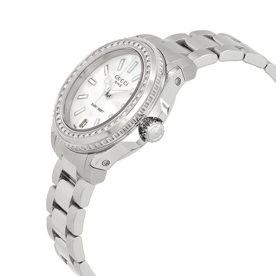 Gucci Dive Diamonds Mother of Pearl Dial Silver Steel Strap Watch For Women - YA136406 Buy Now By Gucci