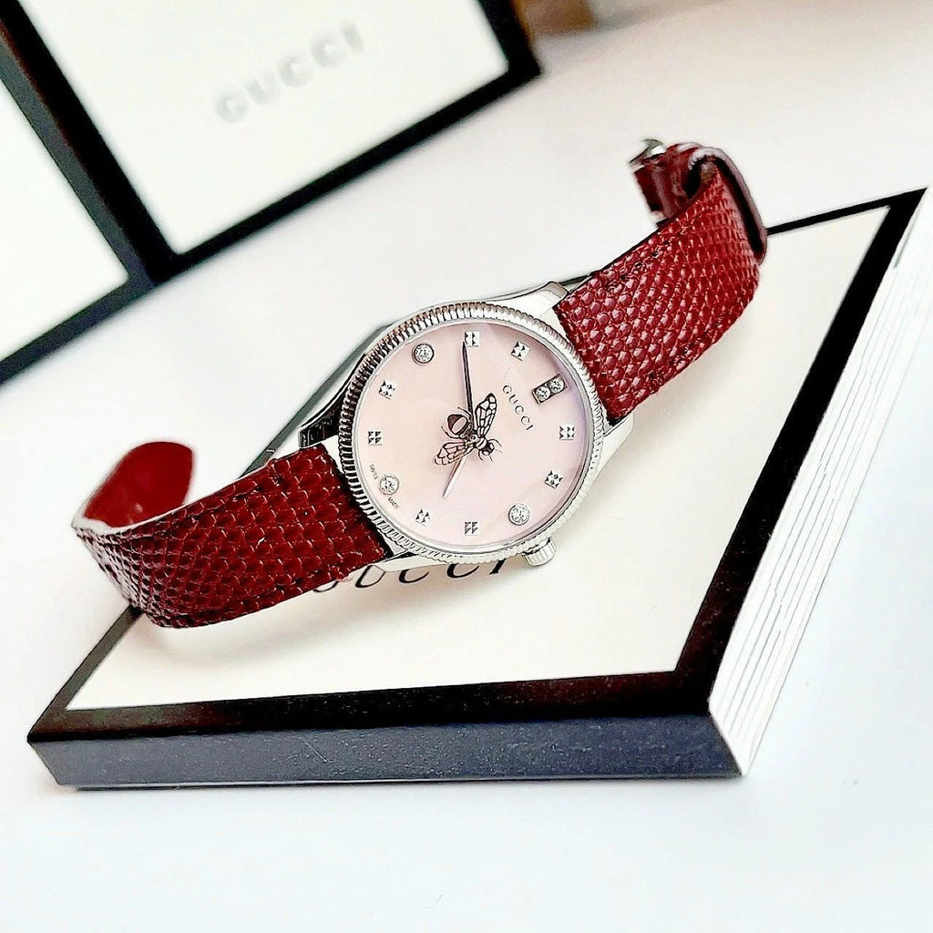 Gucci G Timeless Quartz Diamonds Pink Dial Red Leather Strap Watch For Women - YA1265017 Buy Now By Gucci