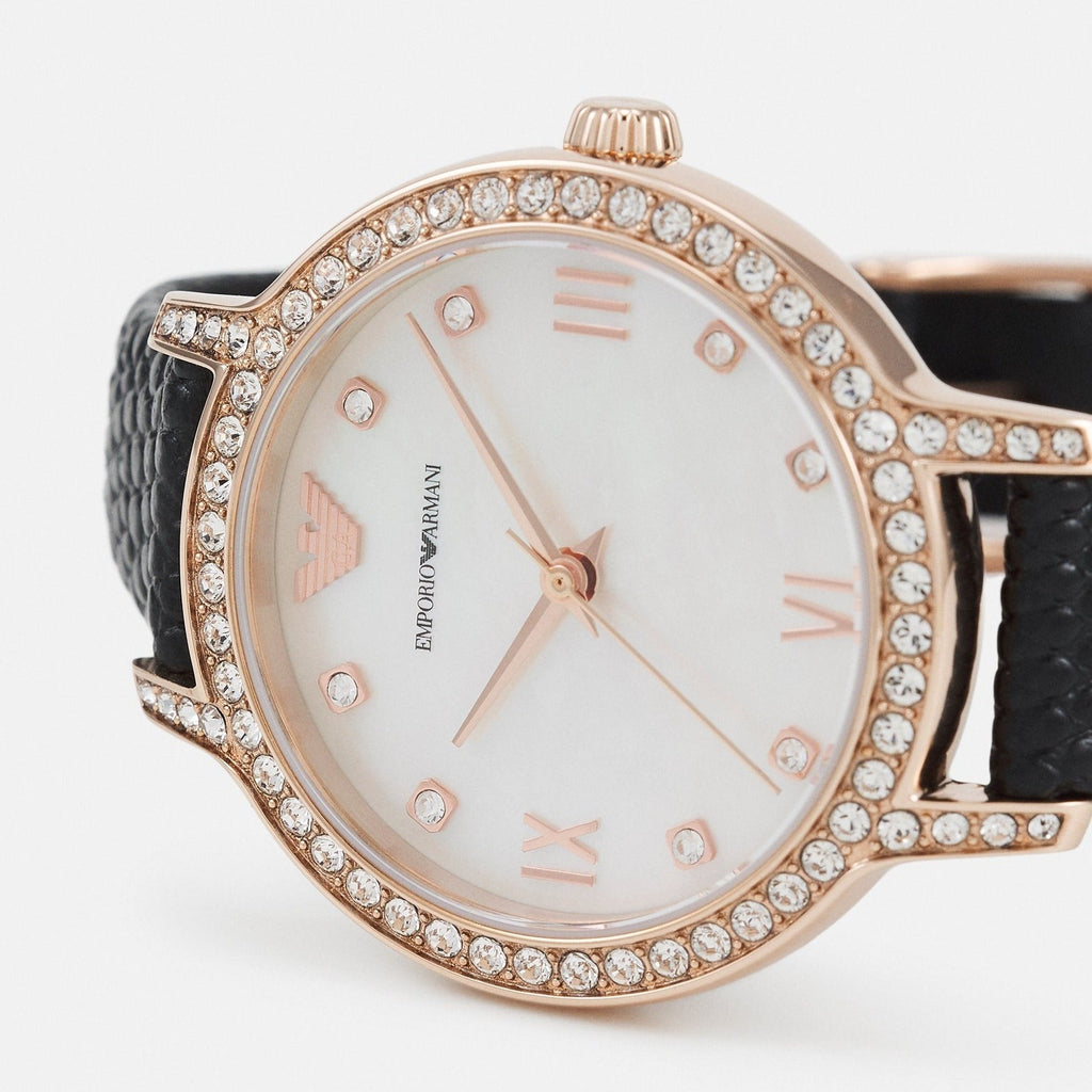 Emporio Armani Cleo Three-Hand Mother of Pearl Dial Black Leather Strap Watch For Women - AR11485 Buy Now By Emporio Armani
