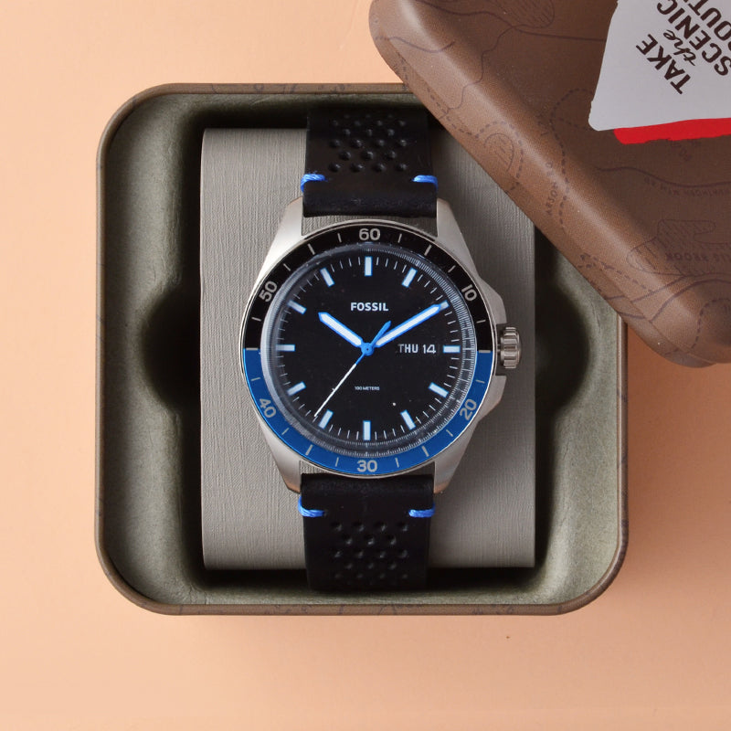 Fossil Sport 54 Day Date Black Dial Black Leather Strap Watch for Men - FS5321 Buy Now By Fossil