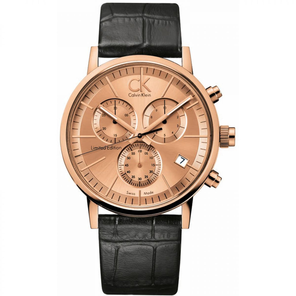Calvin Klein Post Minimal Chronograph Rose Gold Dial Black Leather Strap Watch for Men - K7627201 Buy Now By Calvin Klein
