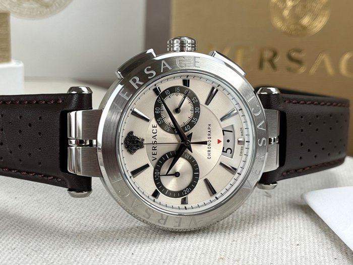 Versace Aion Chronograph White Dial Brown Leather Strap Watch for Men - VBR010017 Buy Now By Versace