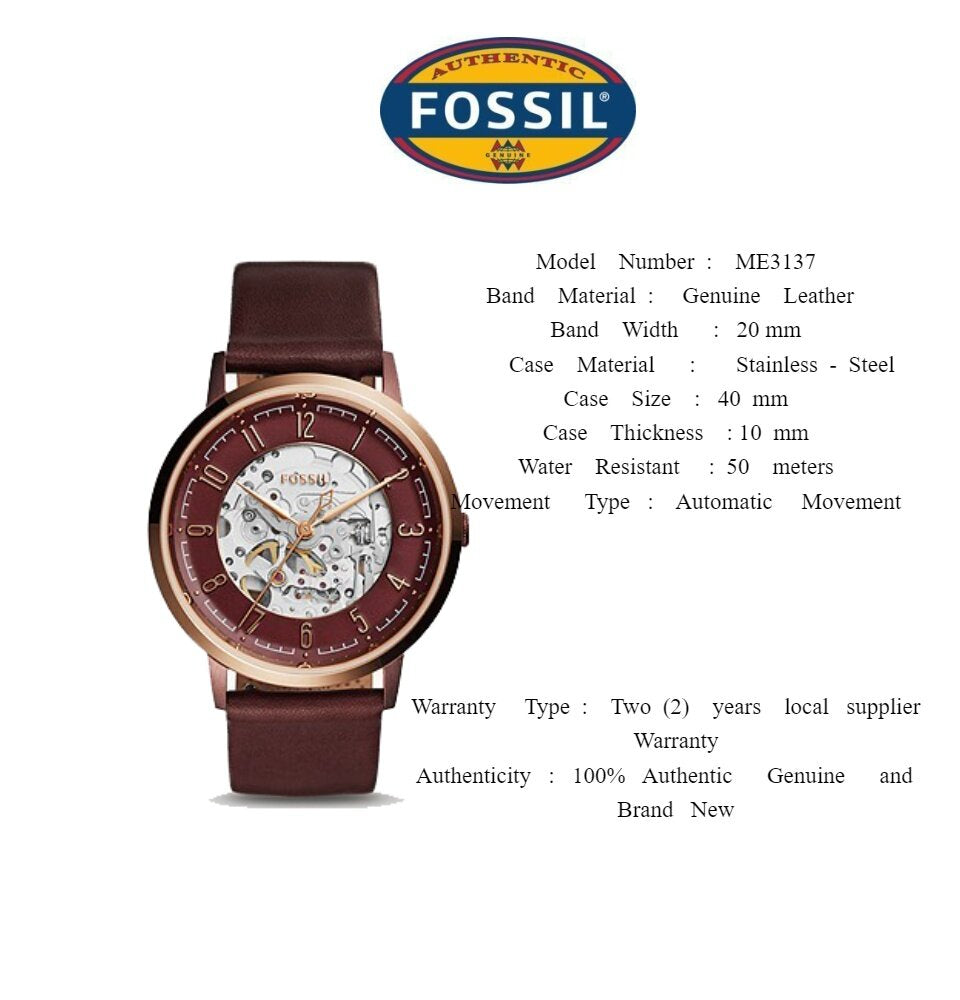 Fossil Vintage Muse Automatic Skeleton Maroon Dial Maroon Leather Strap Watch for Women - ME3137 Buy Now By Fossil