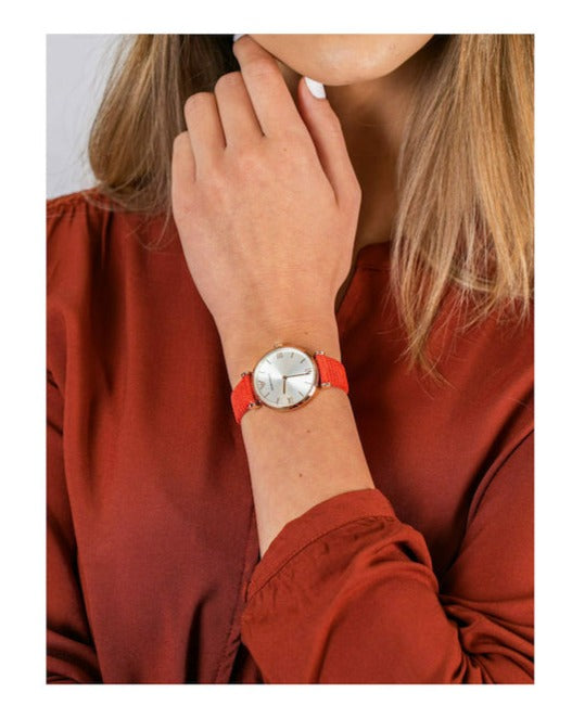 Emporio Armani Gianni T Bar Silver Dial Red Leather Strap Watch For Women - AR1876 Buy Now By Emporio Armani