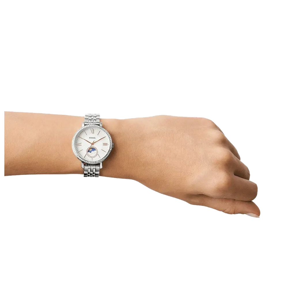 Fossil Jacqueline Multifunction Moonphase White Dial Silver Steel Strap Watch for Women - ES5164