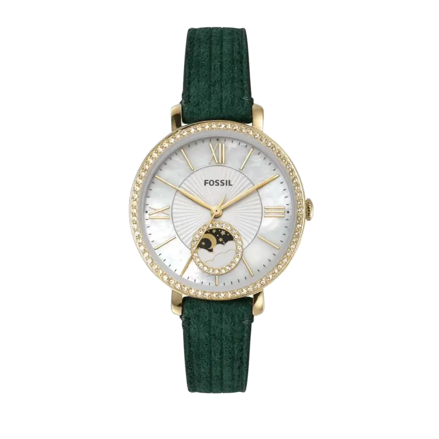 Fossil Jacqueline Multifunction Moonphase Mother of Pearl White Dial Green Leather Strap Watch for Women - ES5244 Buy Now By Fossil