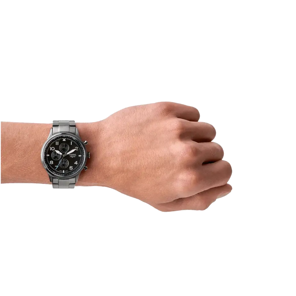 Fossil Retro Pilot Chronograph Black Dial Grey Steel Strap Watch for Men - FS5834 Buy Now By Fossil