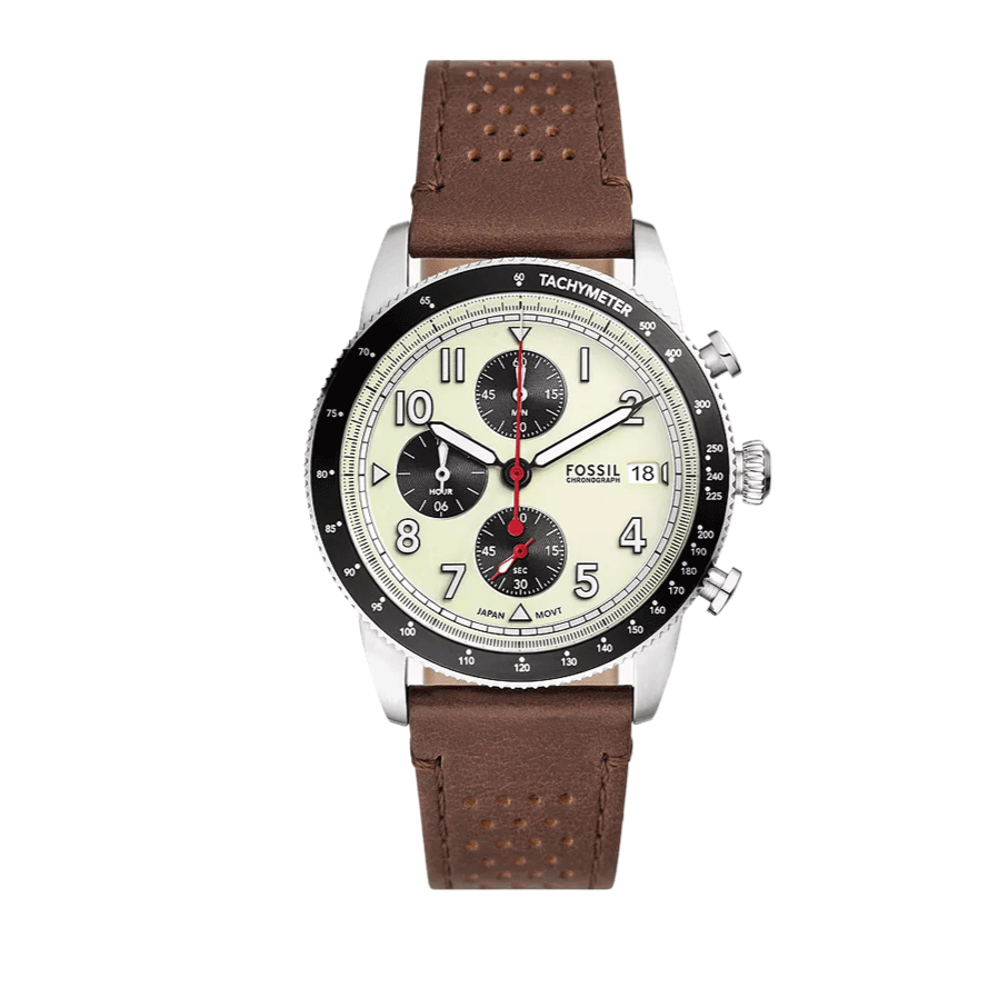 Fossil Sport Tourer Chronograph White Dial Brown Leather Strap Watch for Men - FS6042 Buy Now By Fossil