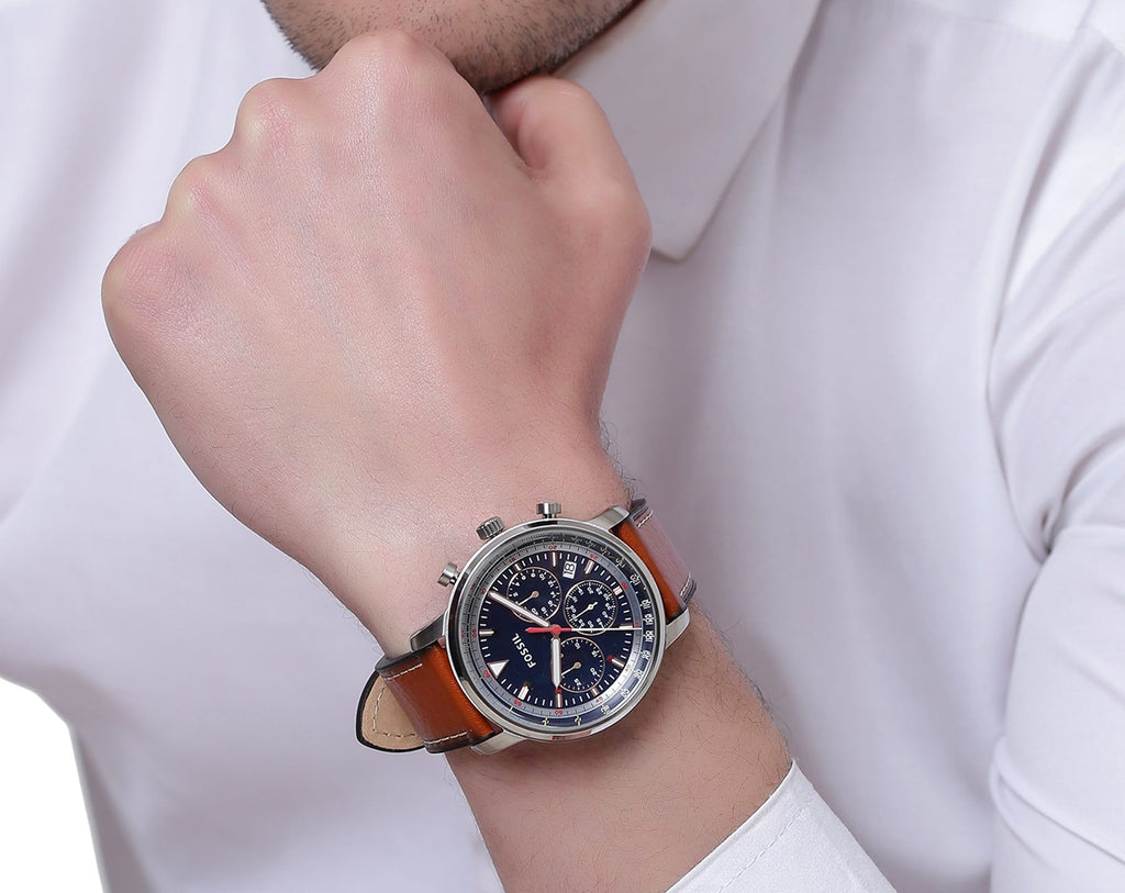 Fossil Goodwin Chronograph Blue Dial Brown Leather Strap Watch for Men - FS5414 Buy Now By Fossil