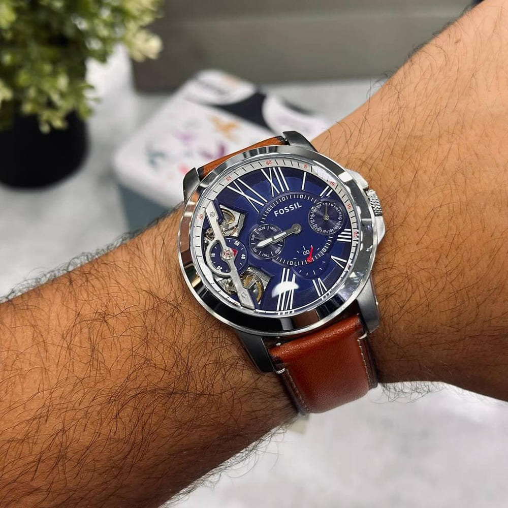 Fossil Grant Twist Multifunction Blue Dial Brown Leather Strap Watch for Men - ME1161