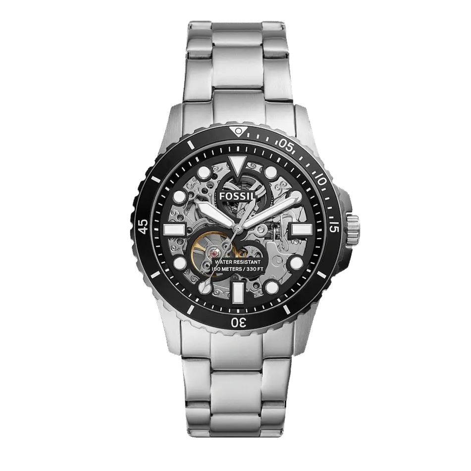 Fossil FB-01 Automatic Skeleton Black Dial Silver Steel Strap Watch for Men - ME3190 Buy Now By Fossil