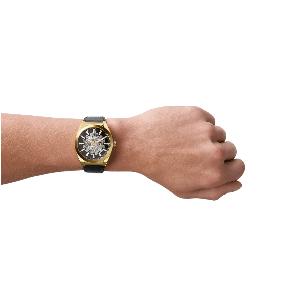 Fossil Everett Automatic Skeleton Black Dial Black Leather Strap Watch for Men - ME3208