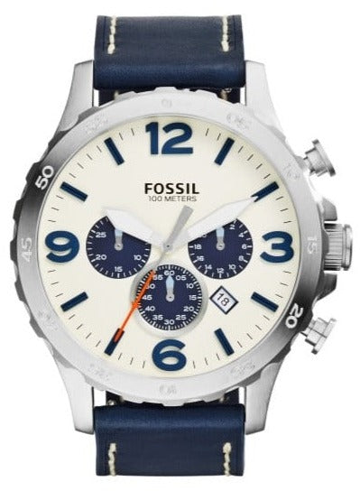 Fossil Nate Chronograph White Dial Blue Leather Strap Watch for Men - JR1480 Buy Now By Fossil