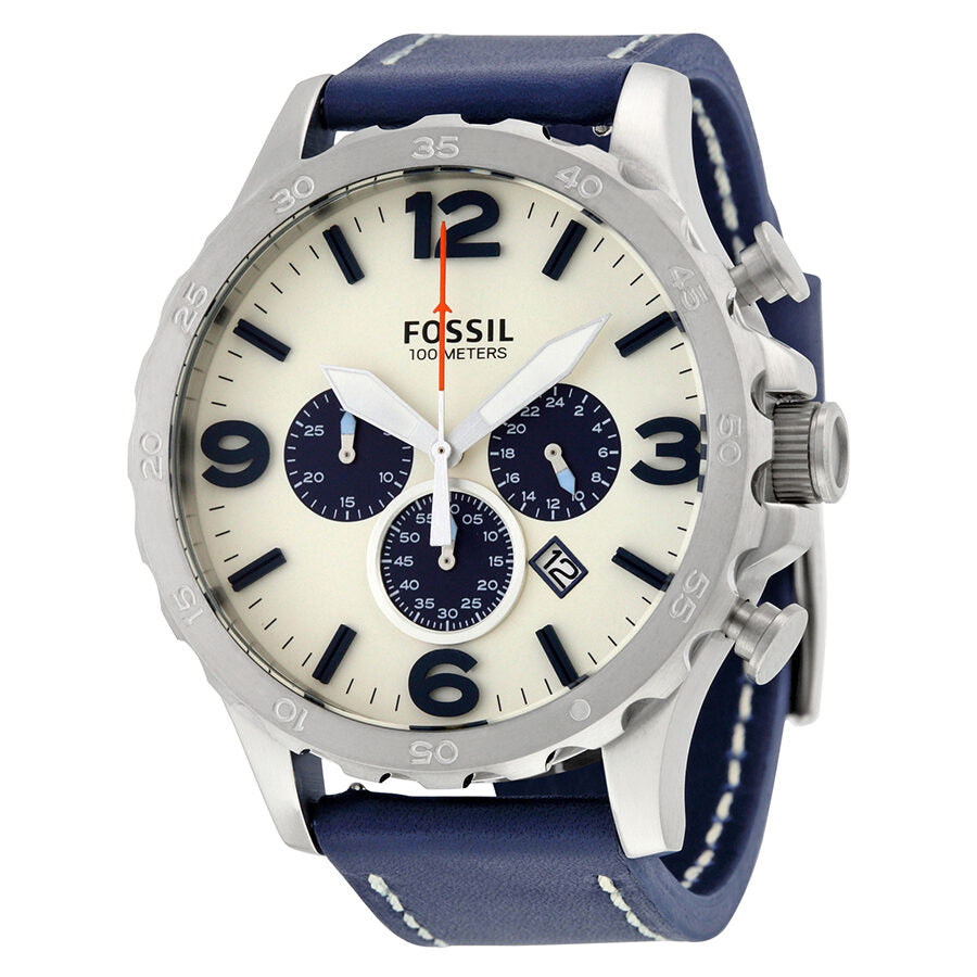 Fossil Nate Chronograph White Dial Blue Leather Strap Watch for Men - JR1480 Buy Now By Fossil