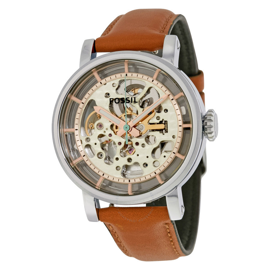 Fossil Boyfriend Automatic Skeleton Silver Dial Brown Leather Strap Watch for Women - ME3109 Buy Now By Fossil