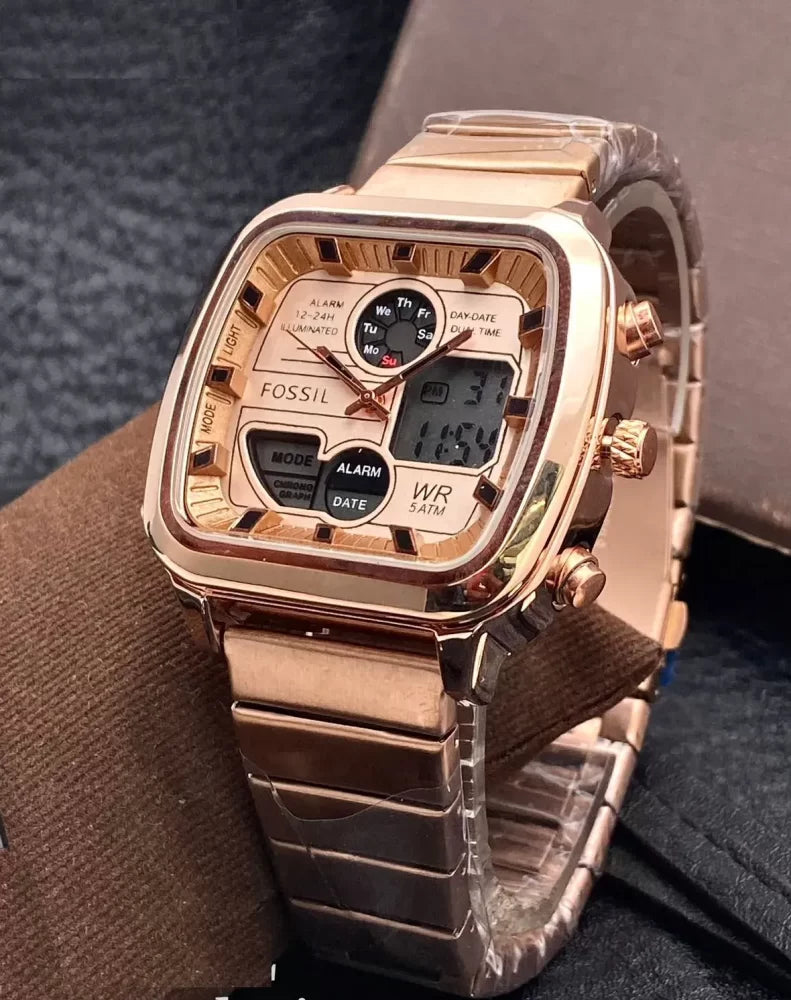 Fossil Retro Analog-Digital Gold Dial Gold Steel Strap Watch for Men - FS5889