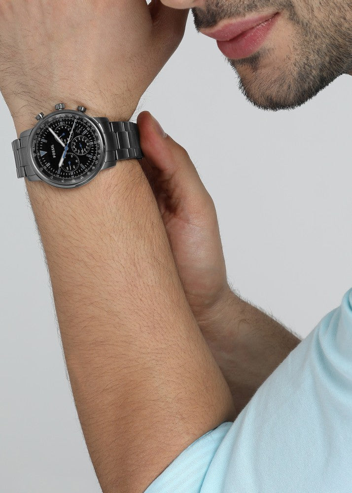 Fossil Goodwin Chrono Analog Black Dial Grey Steel Strap Watch for Men - FS5518 Buy Now By Fossil