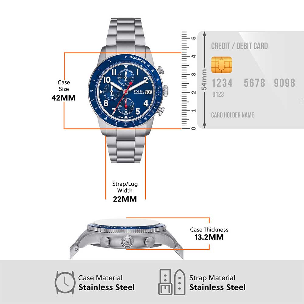 Fossil Sport Tourer Chronograph Blue Dial Silver Steel Strap Watch for Men - FS6047 Buy Now By Fossil