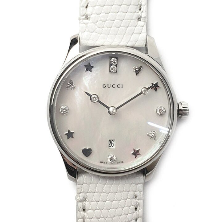 Gucci G-Timeless Mother of Pearl White Dial White Leather Strap Watch For Women - YA126597 Buy Now By Gucci