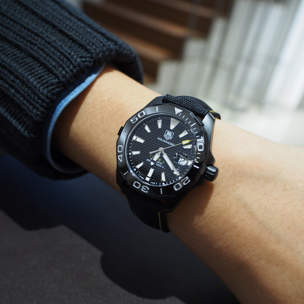 Tag Heuer Aquaracer Calibre 5 Automatic Black Dial Black Nylon Strap Watch for Men - WAY218A.FC6362 Buy Now By Tag Heuer