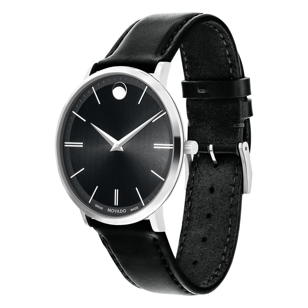 Movado Ultra Slim Black Dial Black Leather Strap Watch For Men - 0607086 Buy Now By Movado