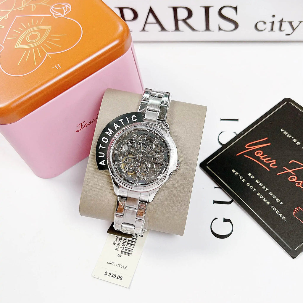 Fossil Rye Automatic Skeleton Silver Dial Silver Steel Strap Watch for Women - BQ3753 Buy Now By Fossil