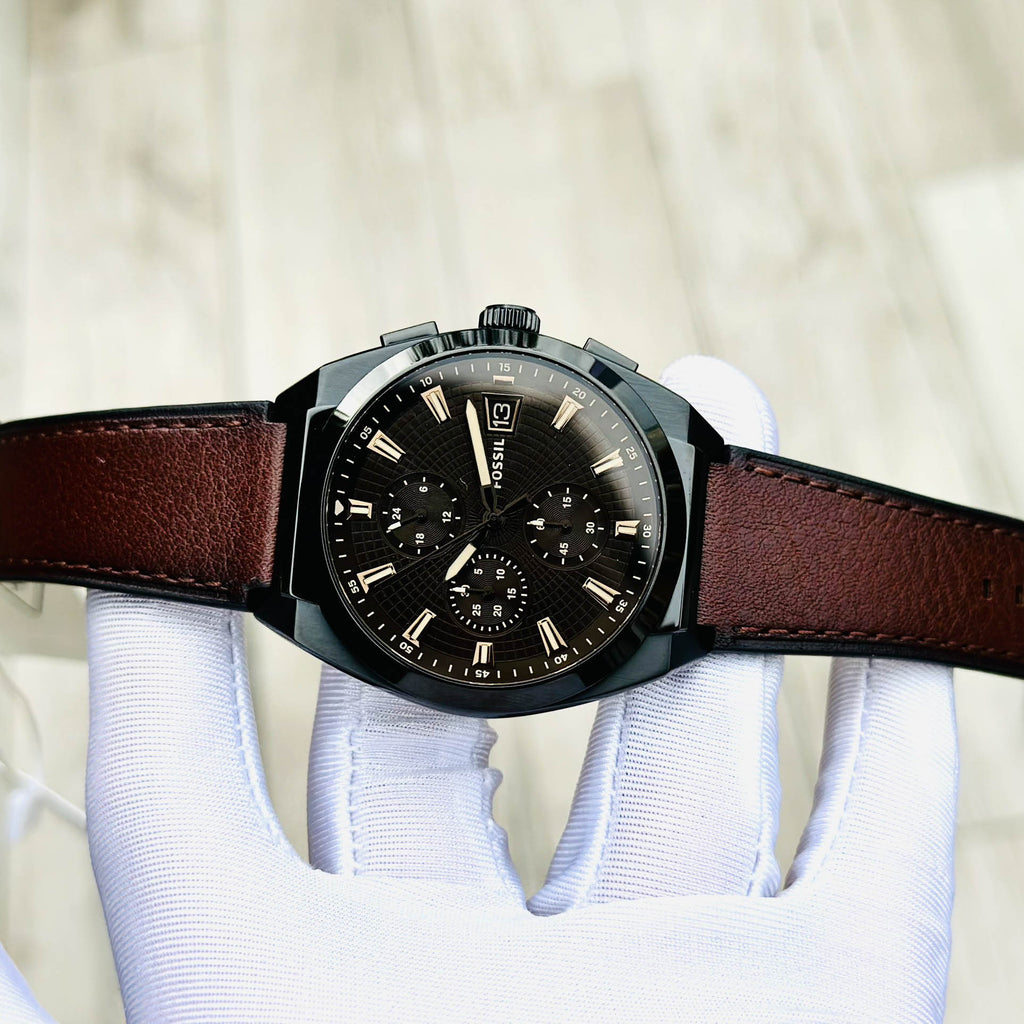 Fossil Everett Chronograph Black Dial Brown Leather Strap Watch for Men - FS5798 Buy Now By Fossil