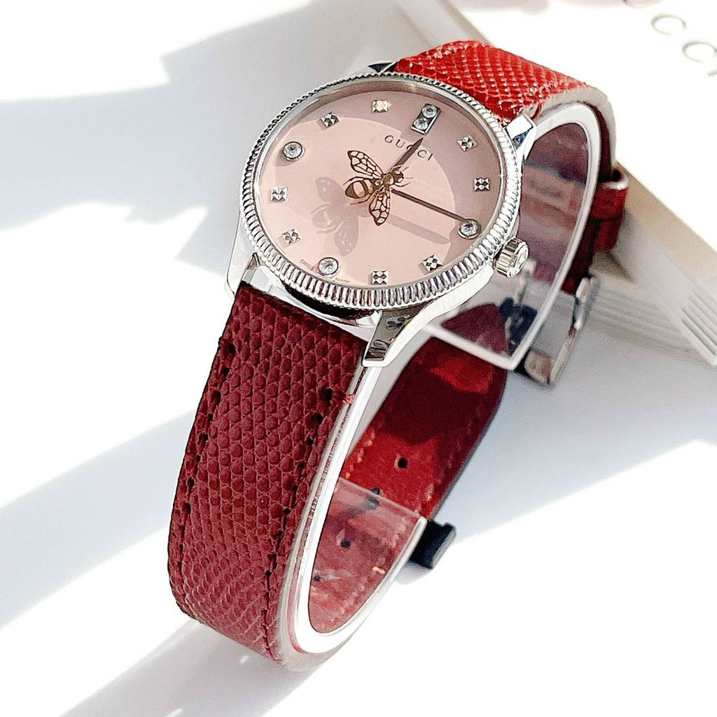 Gucci G Timeless Quartz Diamonds Pink Dial Red Leather Strap Watch For Women - YA1265017 Buy Now By Gucci