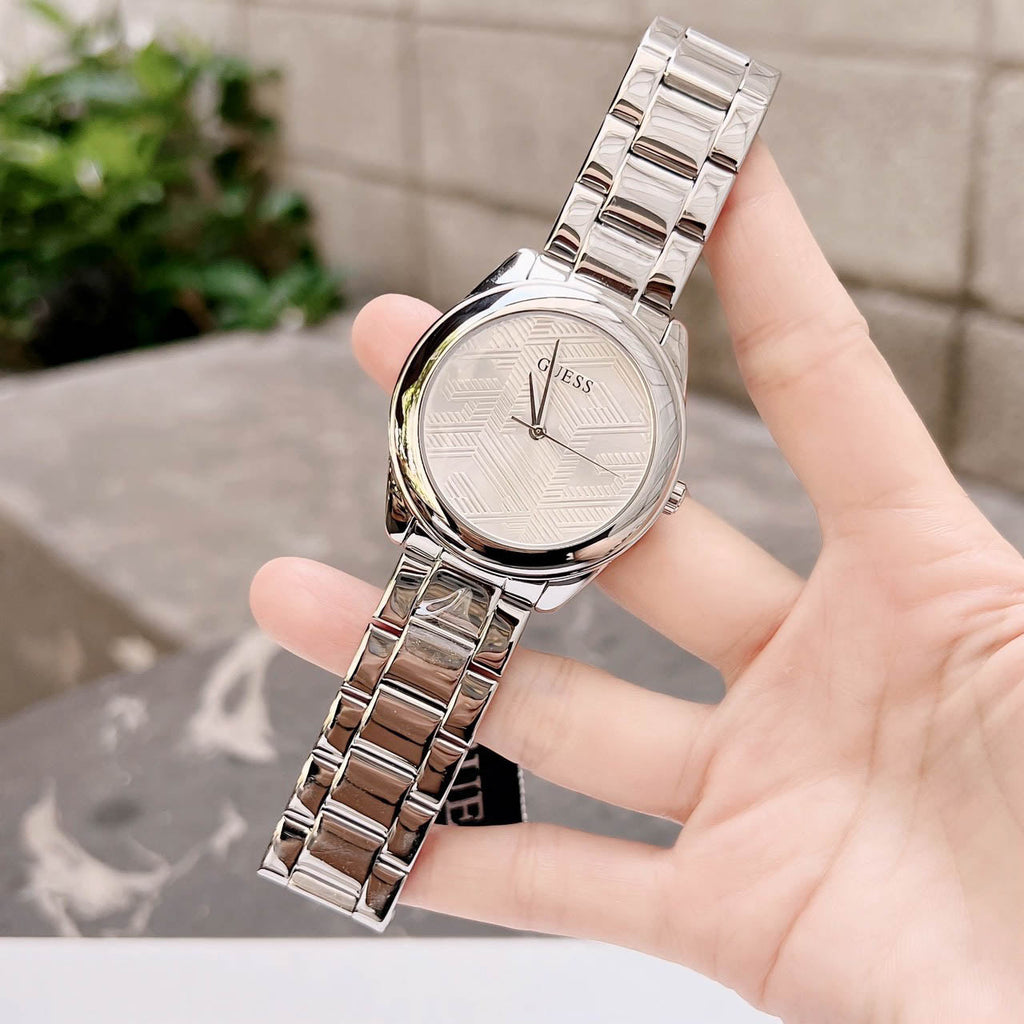 Guess Cubed Analog Silver Dial Silver Steel Strap Watch For Women - GW0606L1 Buy Now By Guess