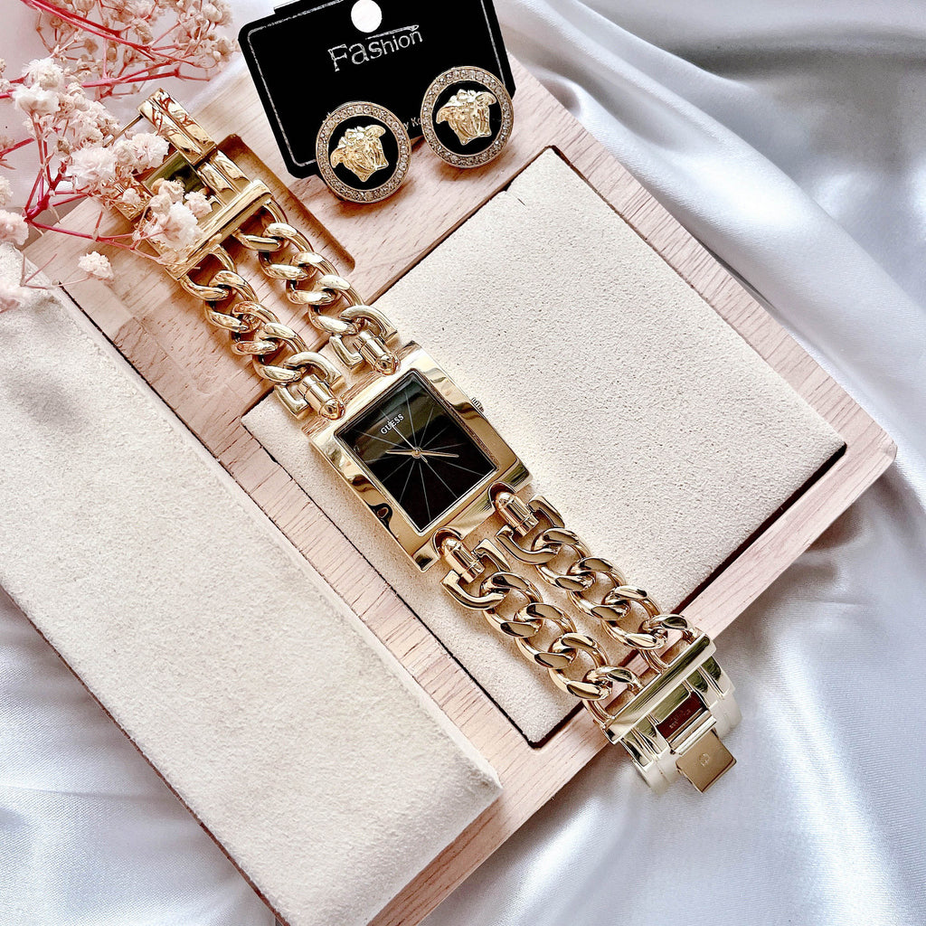 Guess Trend Multi Chain Black Dial Gold Steel Strap Watch for Women - U1117L5 Buy Now By Guess