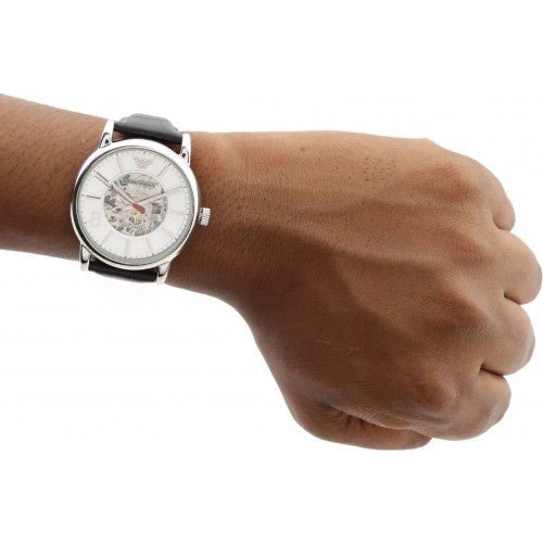 Emporio Armani Meccanico Silver Skeleton Dial Black Leather Watch For Men - AR1997 Buy Now By Emporio Armani