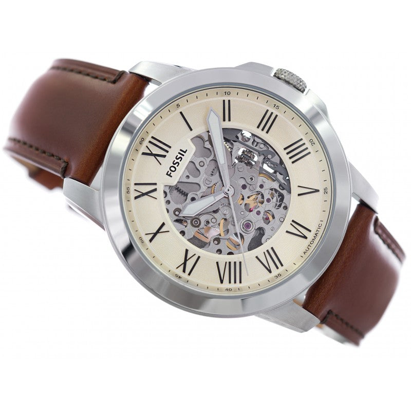 Fossil Grant Automatic Beige Skeleton Dial Brown Leather Strap Watch for Men - ME3099 Buy Now By Fossil