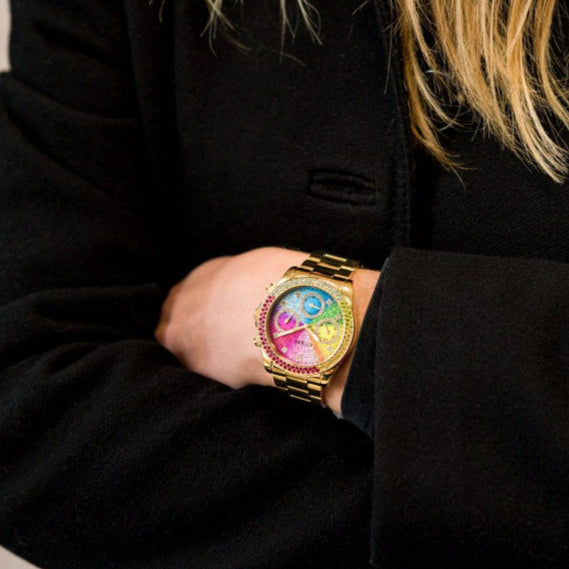 Guess Confetti Chronograph Rainbow Dial Gold Steel Strap Watch For Women - GW0483L4 Buy Now By Guess