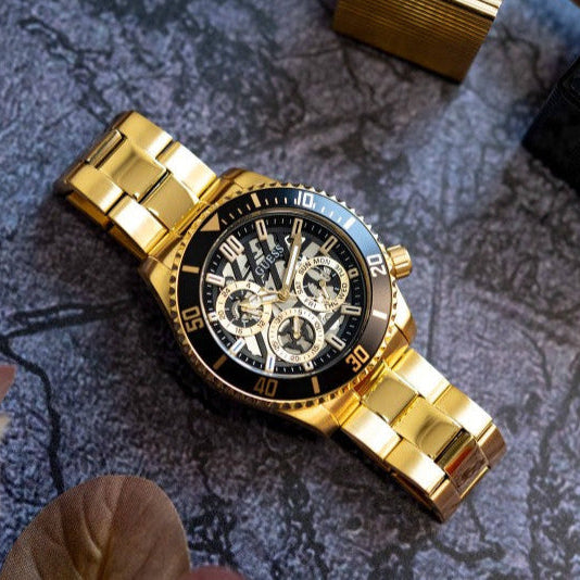 Guess Axle Multifunction Black Dial Gold Steel Strap Watch For Men - GW0488G2 Buy Now By Guess