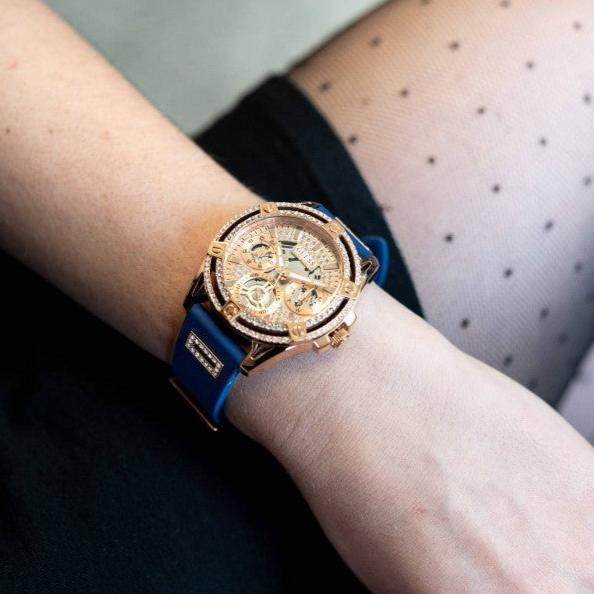 Guess Queen Quartz Crystals Rose Gold Dial Blue Silicone Strap Watch For Women - GW0536L5 Buy Now By Guess