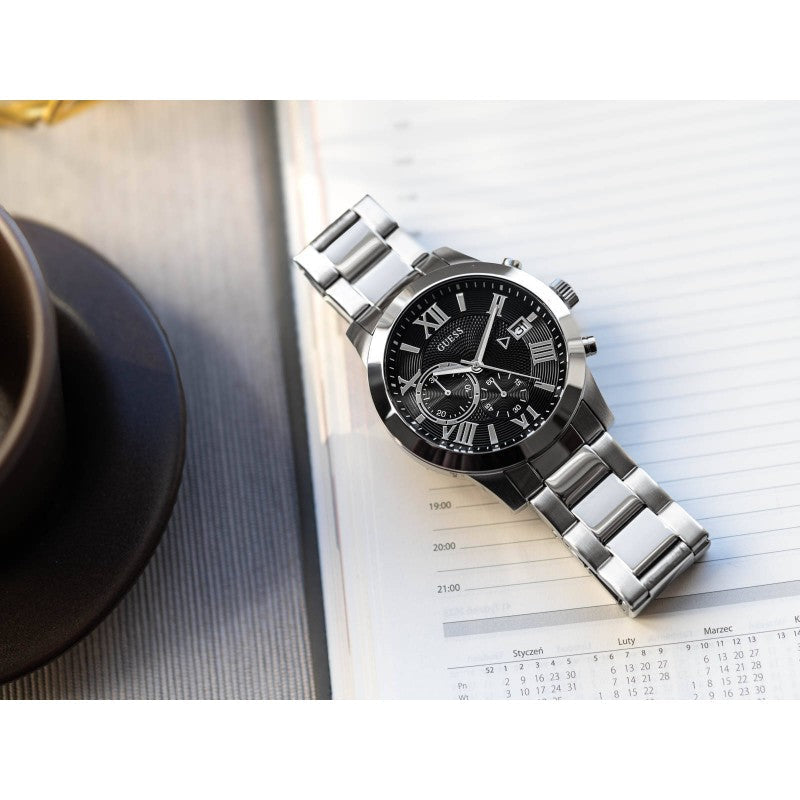 Guess Atlas Chronograph Black Dial Silver Steel Strap Watch For Men - W0668G3 Buy Now By Guess