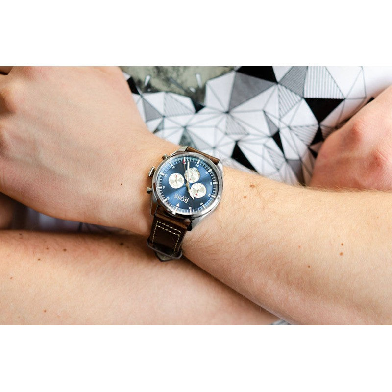 Hugo Boss Pioneer Chronograph Blue Dial Brown Leather Strap Watch For Men - 1513709 Buy Now By Hugo Boss