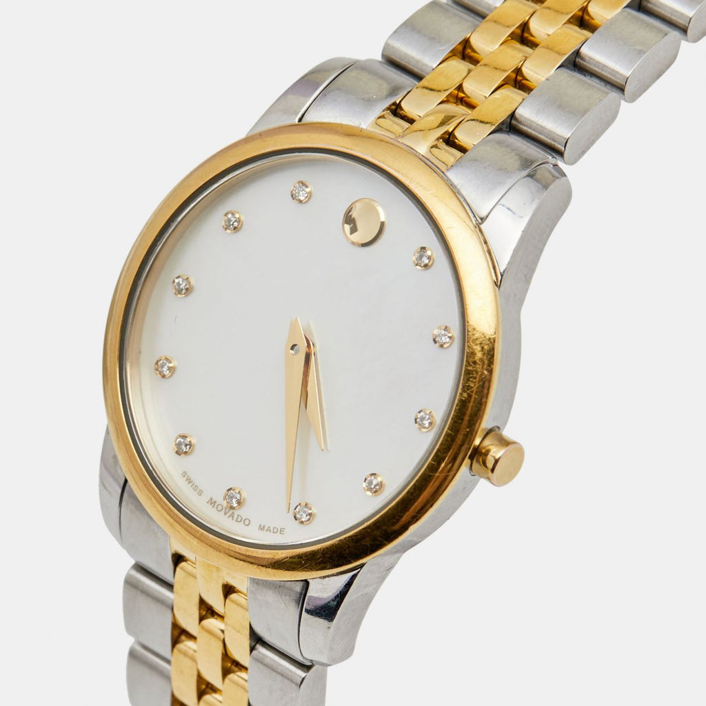 Movado Museum Classic Diamonds Mother of Pearl Dial Two Tone Steel Strap Watch For Women - 0606613 Buy Now By Movado