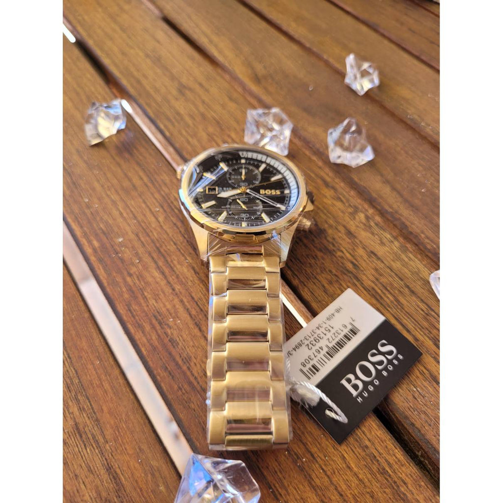 Hugo Boss Globetrotter Chronograph Black Dial Gold Steel Strap Watch for Men - 1513932 Buy Now By Hugo Boss
