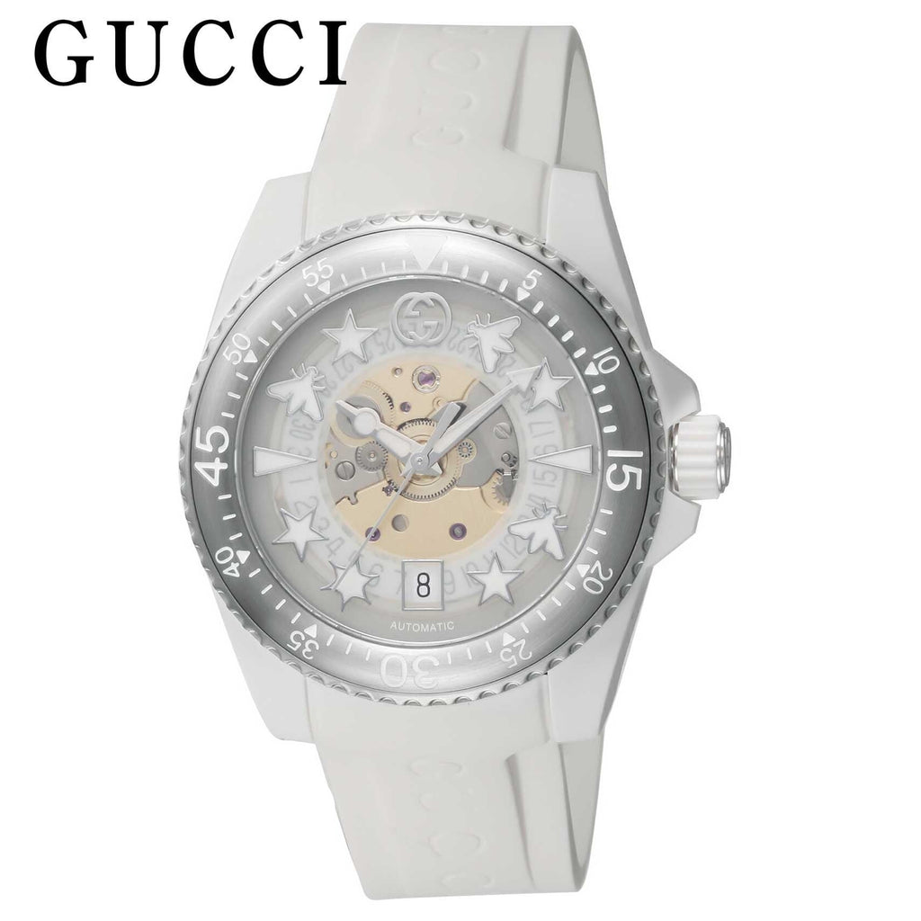 Gucci Dive Automatic Transparent Dial White Rubber Strap Watch For Men - YA136343 Buy Now By Gucci
