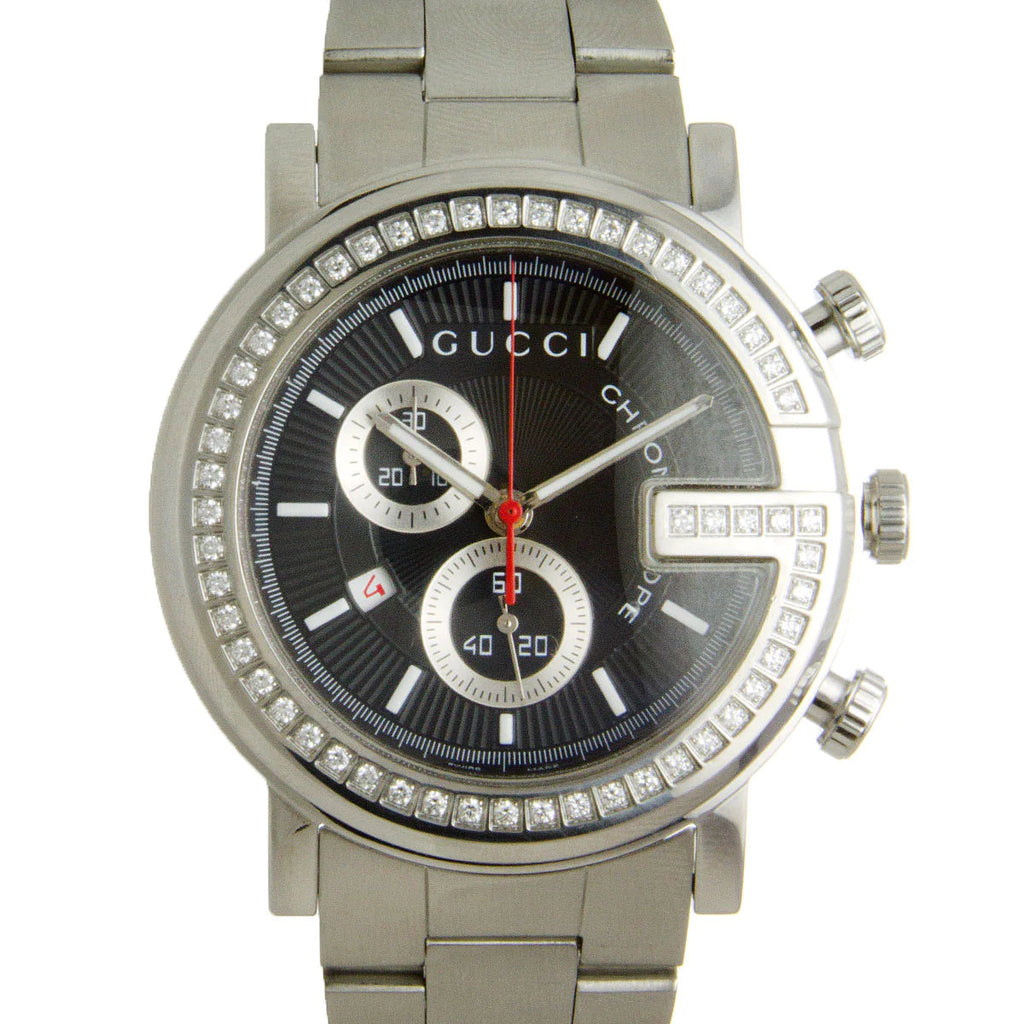 Gucci G Chrono Diamonds Black Dial Silver Steel Strap Watch For Men - YA101324 Buy Now By Gucci