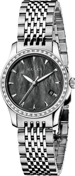 Gucci G Timeless Diamonds Mother of Pearl Black Dial Silver Mesh Bracelet Watch For Women - YA126507 Buy Now By Gucci