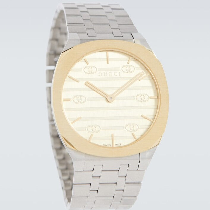 Gucci 25H Quartz Gold Dial Silver Steel Strap Watch for Men - YA163405 Buy Now By Gucci