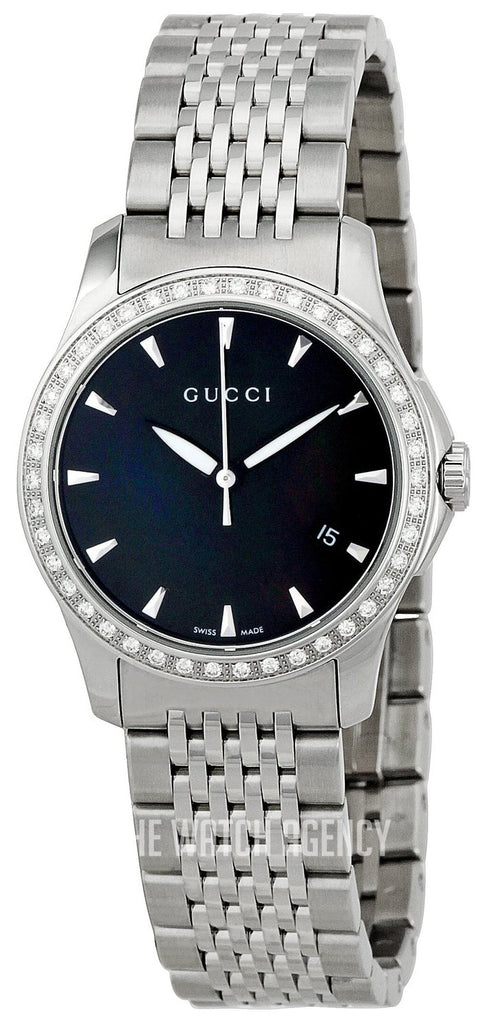 Gucci G Timeless Diamonds Mother of Pearl Black Dial Silver Mesh Bracelet Watch For Women - YA126507 Buy Now By Gucci