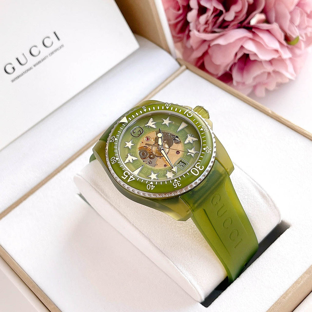 Gucci Dive Automatic Green Dial Green Rubber Strap Unisex Watch - YA136345 Buy Now By Gucci